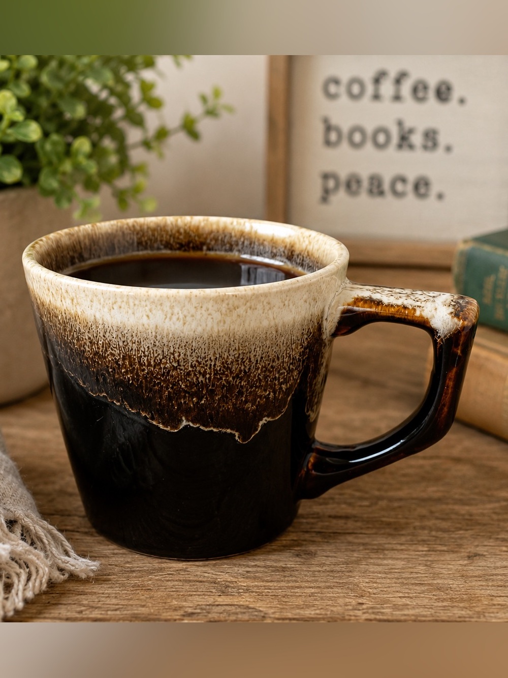 Rustic Glazed Ceramic Coffee Mug - Brown & Cream